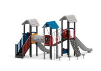 Spielanlage mit 2 Rutschen, Treppe, Kriechtunnel, Kletterwand und Spielwände – Bild 8