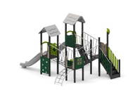 Spielanlage mit 2 Rutschen, Netz- und Plankenbrücke, Kletterwand und Spielwände – Bild 5