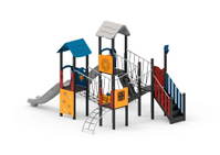 Spielanlage mit 2 Rutschen, Netz- und Plankenbrücke, Kletterwand und Spielwände – Bild 8