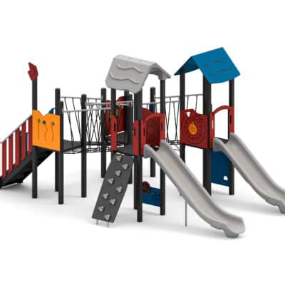 Spielanlage mit 2 Rutschen, Netz- und Plankenbrücke, Kletterwand und Spielwände