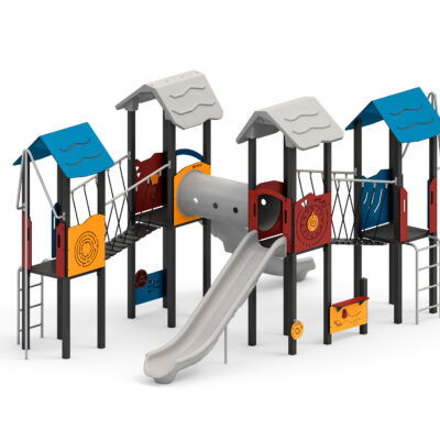 Spielanlage mit Rutschen, Kriechtunnel, Plankenbrücke, Kletterelemente und Spielwände