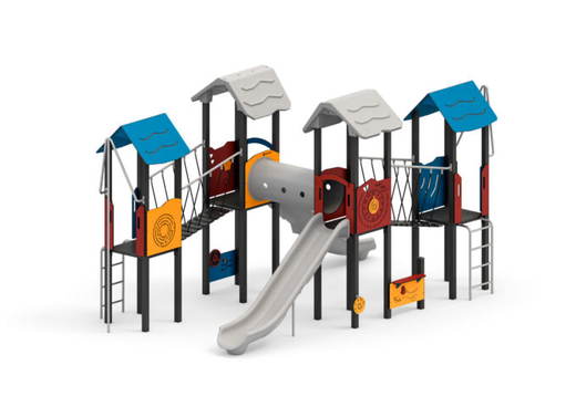 W-A010P (2) Spielanlage mit Rutschen, Kriechtunnel, Plankenbrücke, Kletterelemente und Spielwände - W A010P (2)
