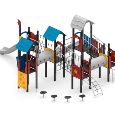 Spielanlage mit Rutschen, Kriechtunnel, Kletterelemente und Spielwände