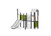 Spielturm mit Doppelrutsche, Plankenbrücke, Kletterwand und Kletternetz – Bild 5