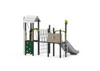 Spielturm mit Doppelrutsche, Plankenbrücke, Kletterwand und Kletternetz – Bild 4
