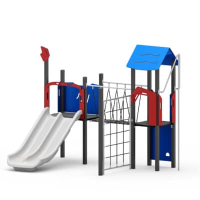 Spielturm mit Doppelrutsche, Plankenbrücke, Kletterwand und Kletternetz