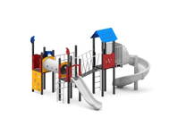 Spielanlage mit Rutsche, Spiralrutsche, Kriechtunnel, Kletterwand und Kletternetz – Bild 8