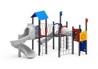 Spielanlage mit Rutsche, Spiralrutsche, Kriechtunnel, Kletterwand und Kletternetz – Bild 7