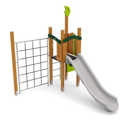 Spielturm mit Rutsche, Spielwänden und Kletternetz