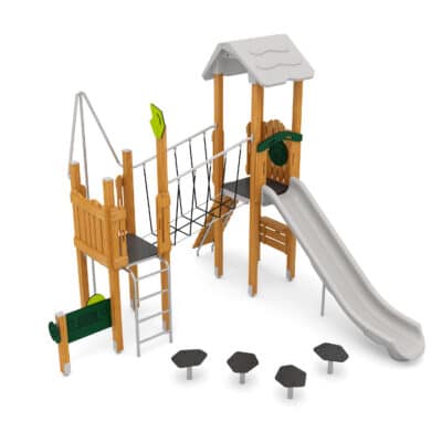 Spielturm mit Rutsche, Netzbrücke, Kletterwand und Spielwände