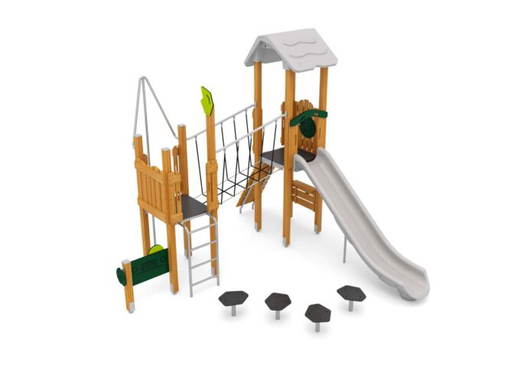 W-B004 (1) Spielturm mit Rutsche, Netzbrücke, Kletterwand und Spielwände - W B004 (1)