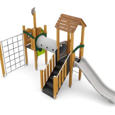 Spielturm mit Rutsche, Kriechtunnel, Kletternetz und Spielwände