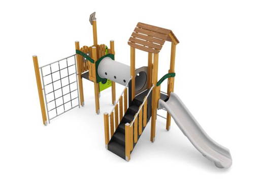 W-B005 (1) Spielturm mit Rutsche, Kriechtunnel, Kletternetz und Spielwände - W B005 (1)