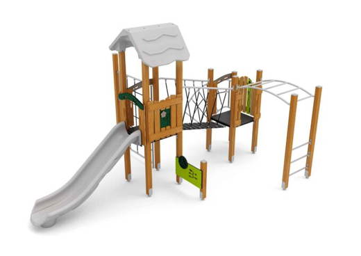 W-B006 (1) Spielturm mit Rutsche, Plankenbrücke, Kletternetz und Spielwände - W B006 (1)