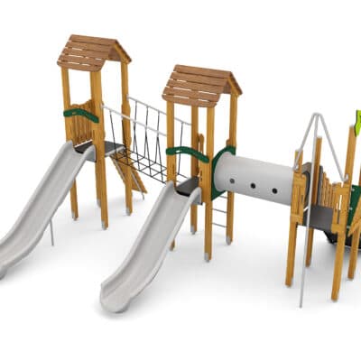 Spielturm mit 2 Rutschen, Netzbrücke, Kriechtunnel und Aufstieg