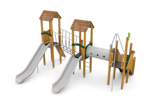 W-B007 (1) Spielturm mit 2 Rutschen, Netzbrücke, Kriechtunnel und Aufstieg - W B007 (1)