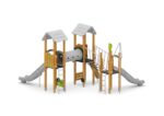 Spielturm mit Rutschen, Netzbrücke, Kriechtunnel und Kletterwand und Spielwände - W B008 (1)