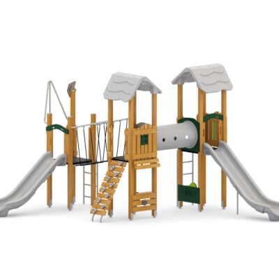 Spielturm mit Rutschen, Netzbrücke, Kriechtunnel und Kletterwand und Spielwände