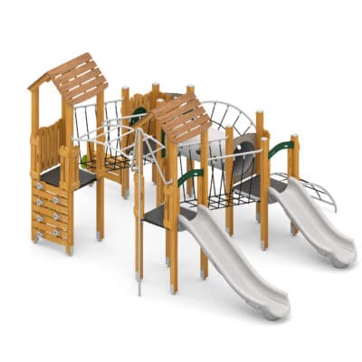 Spielturmanlage mit Rutschen, Netzbrücke, Kriechtunnel und Kletter- und Spielwände
