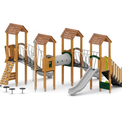 Spielturmanlage mit Rutschen, Brücken, Kriechtunnel und Kletterelementen