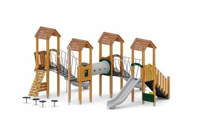 Spielturmanlage mit Rutschen, Brücken, Kriechtunnel und Kletterelementen