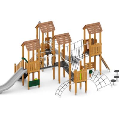 Große Spielturmanlage mit Rutschen, Brücken, Balancier- und Kletterelementen