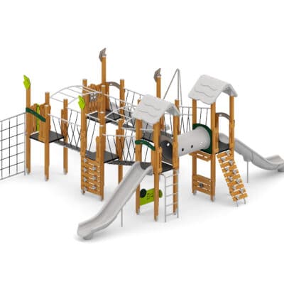 Große Spielanlage mit Rutschen, Spielwänden, Kriechtunnel und Kletterelementen