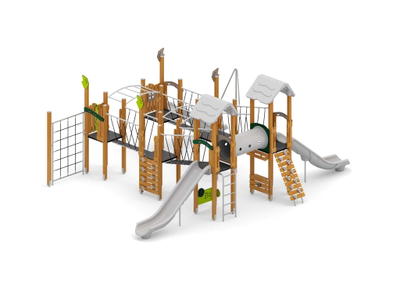 Große Spielanlage mit Rutschen, Spielwänden, Kriechtunnel und Kletterelementen