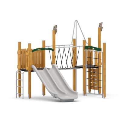 Spielturm mit Doppelrutsche, Balkenbrücke und Kletterelementen
