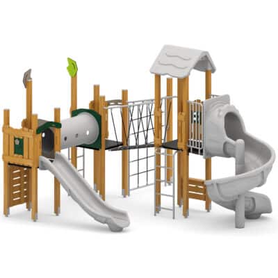 Spielplatzanlage mit Rutsche, Spiralrutsche, Kriechtunnel und Kletterelementen