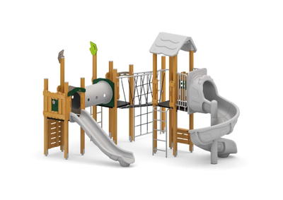 Spielplatzanlage mit Rutsche, Spiralrutsche, Kriechtunnel und Kletterelementen
