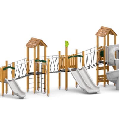 Spielplatzanlage mit Rutschen, Spiralrutsche, Brücken und Kletterelementen