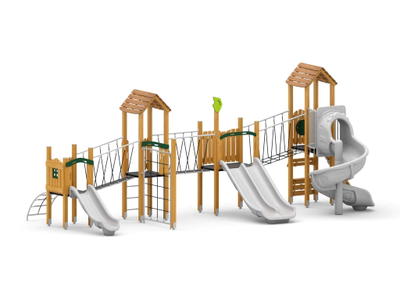 Spielplatzanlage mit Rutschen, Spiralrutsche, Brücken und Kletterelementen