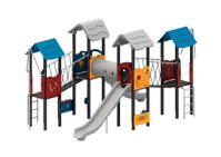 Spielanlage mit Rutschen, Kriechtunnel, Plankenbrücke, Kletterelemente und Spielwände – Bild 6