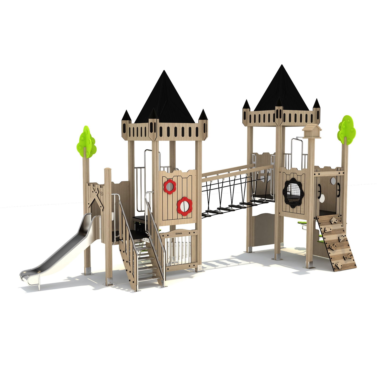 Spielburg "Rosegarden" mit Rutsche, Hängebrücke,  Spiel- und Kletterelementen