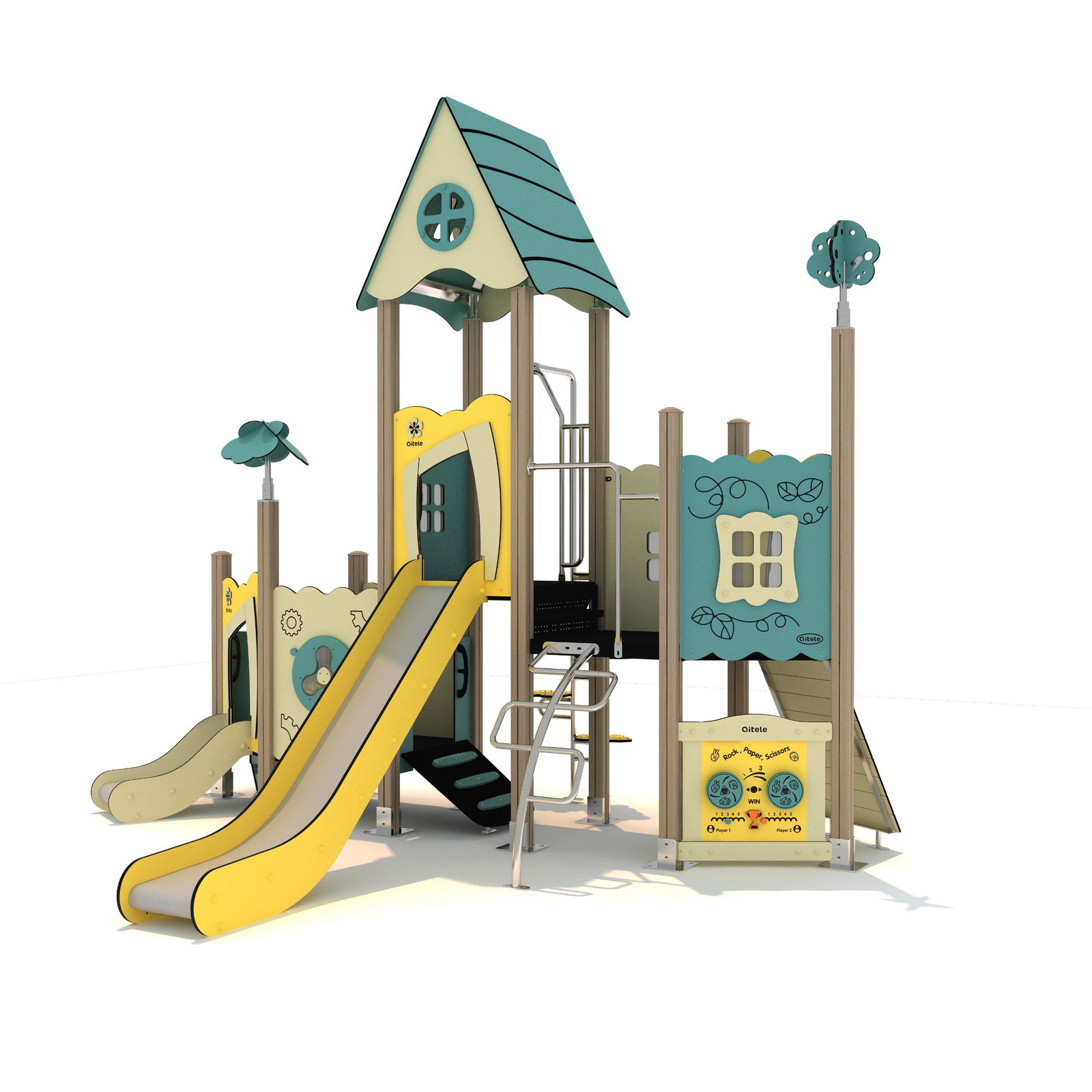 Großer Spiel- und Kletterturm "Serelune" mit 2 Rutschen, Spiel- und Funktionswänden