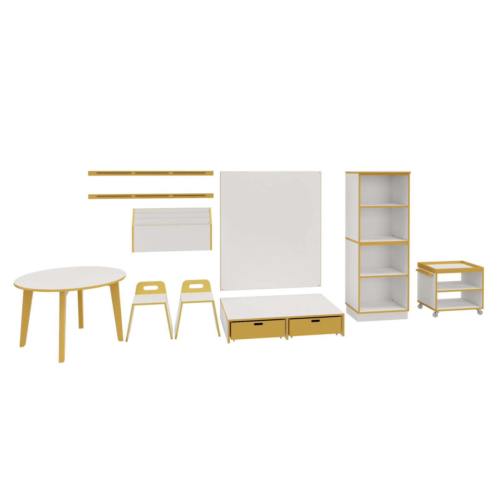 Kreativbereich mit Runder Tisch, Stühlen, Regal, Podest mit Rollkisten, Materialwagen, Bilderleiste und Wandregal