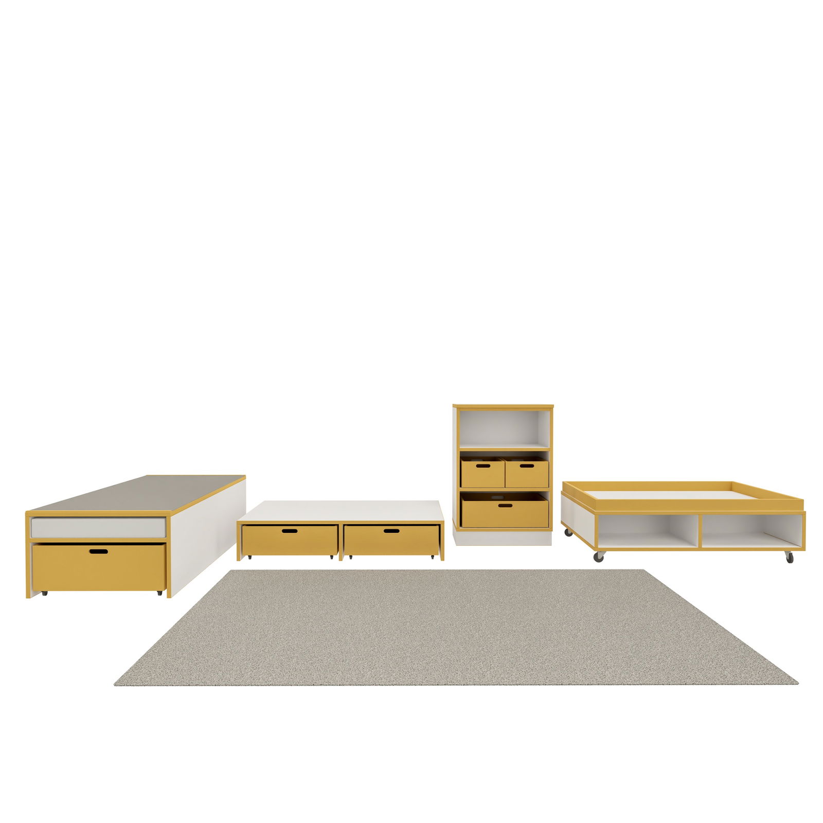 Bauecke mit Matratzenpodeste mit Rollkasten, Bodenmatte, Teppich, Doppelpodest mit Rollkisten, Regal und Spieltisch