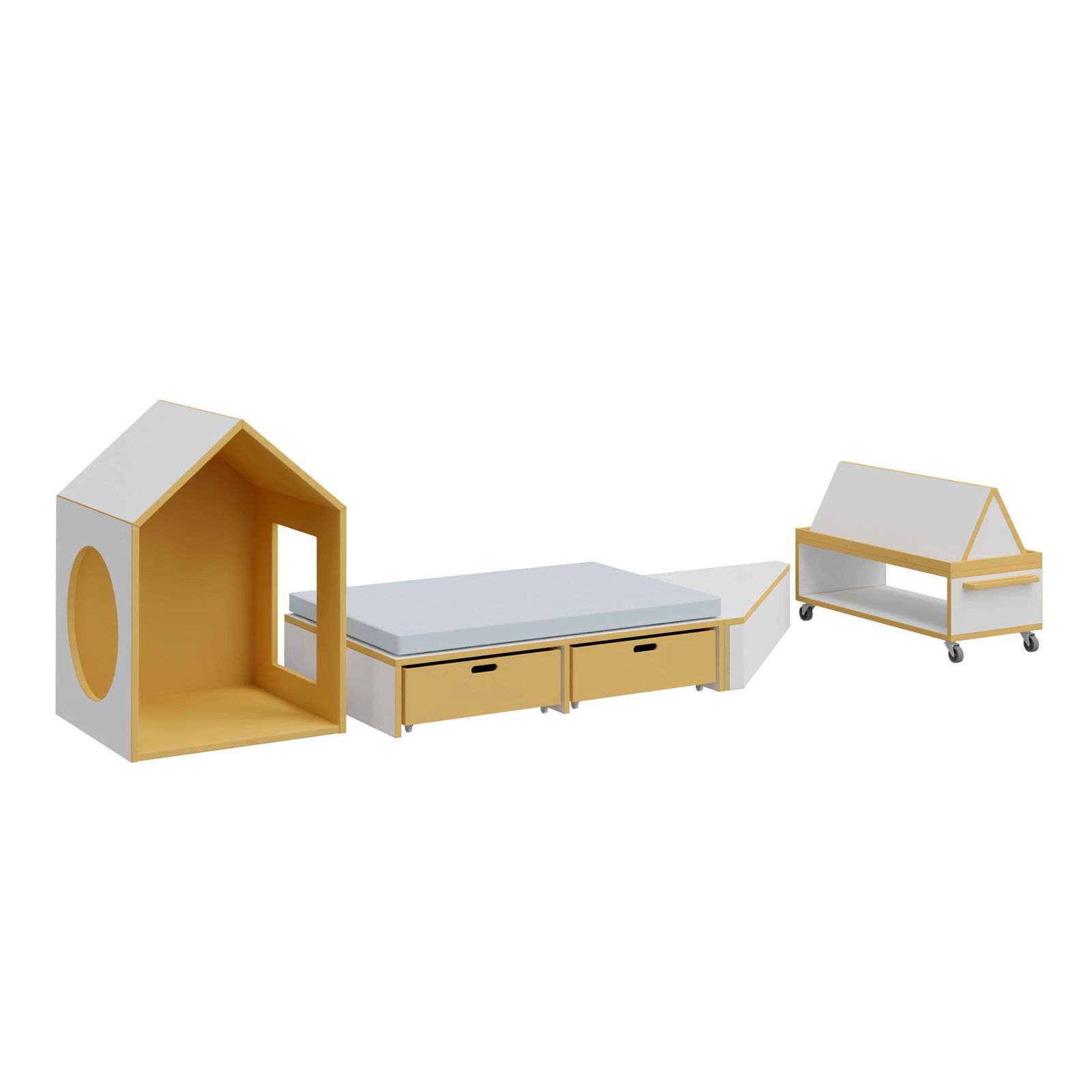 DECOR Leseecke mit Lese-Haus, Doppelpodest mit Rollkisten, Eckpodest, Polsterauflage und kleiner Bücherwagen