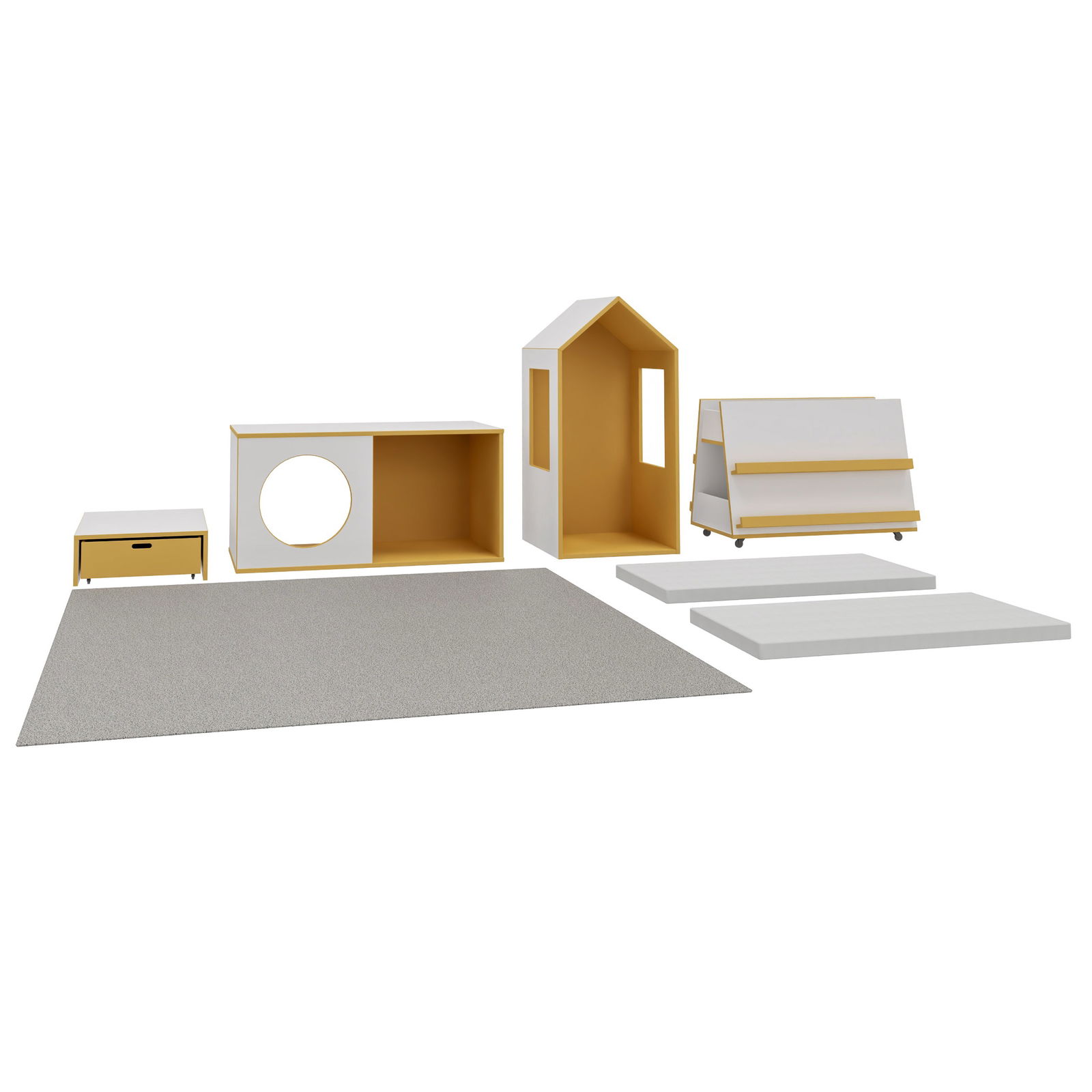 DECOR Leseecke mit Haus groß, Podest mit Rollkiste, Kasten, 2 Bodenmatten, großer Bücherwagen und Teppich