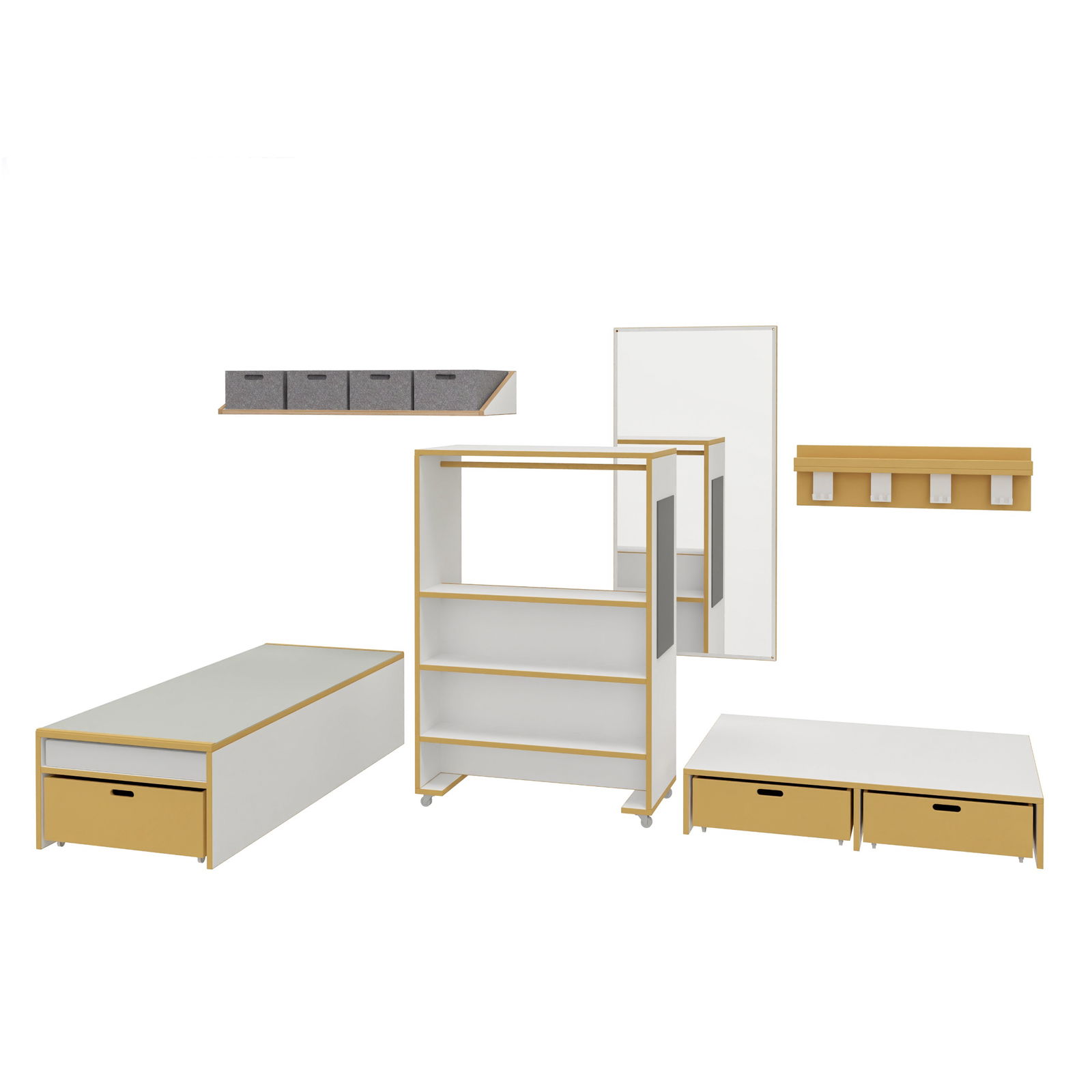 DECOR Rollenspiel mit Rollenspielmodul, Matratzenpodest, Doppelpodest mit Rollkisten, Spiegel, Hakenleiste und Wandregal mit Filzkisten