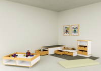 Bauecke mit Matratzenpodeste mit Rollkasten, Bodenmatte, Teppich, Doppelpodest mit Rollkisten, Regal und Spieltisch - 2 Rendering Bauecke