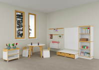Kreativbereich mit Runder Tisch, Stühlen, Regal, Podest mit Rollkisten, Materialwagen, Bilderleiste und Wandregal - 2 Rendering Kreativbereiche