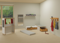 DECOR Rollenspiel mit Rollenspielmodul, Matratzenpodest, Doppelpodest mit Rollkisten, Spiegel, Hakenleiste und Wandregal mit Filzkisten - 2 Rendering Rollenspiel 2