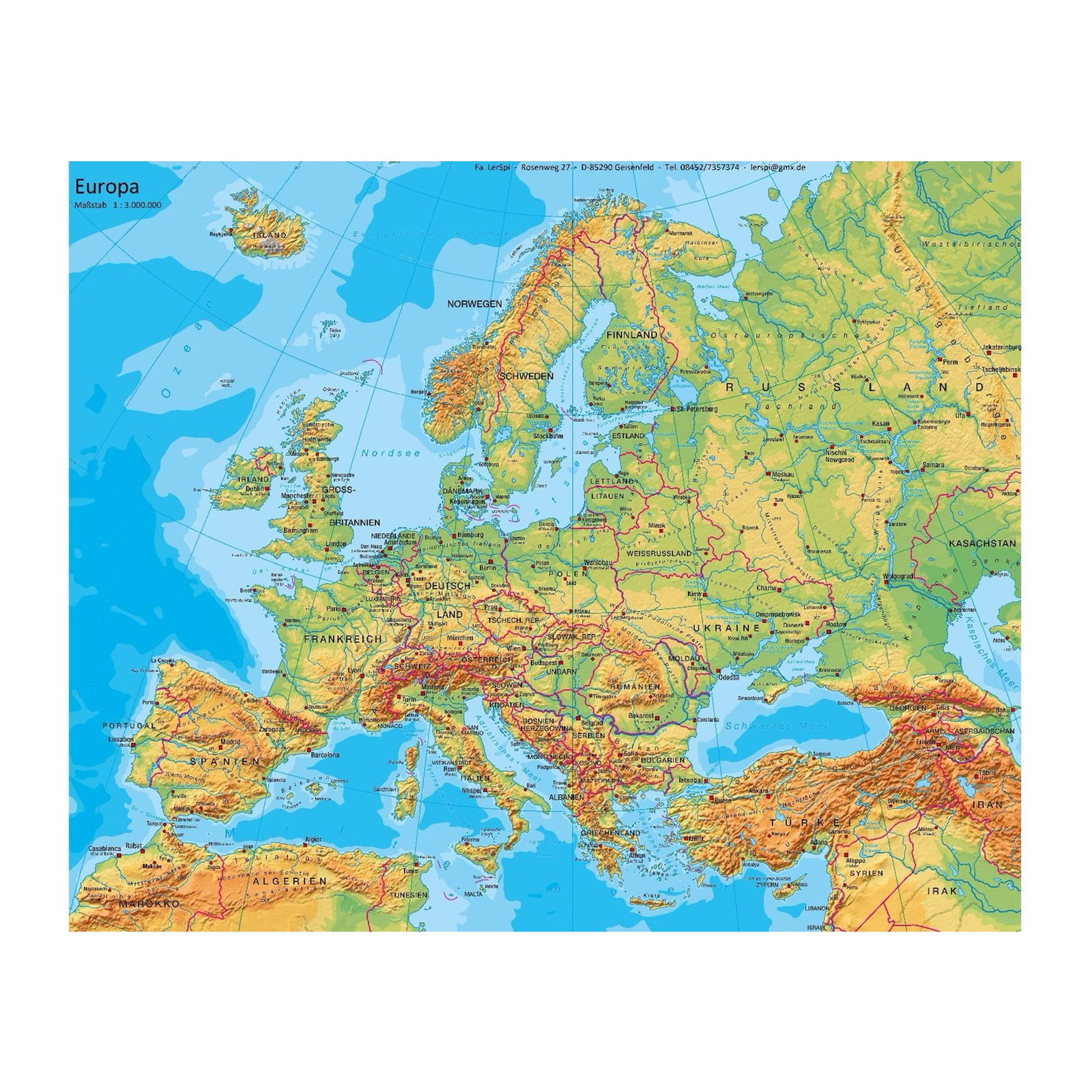 Leinenkarte in Schulausführung, Europa physisch