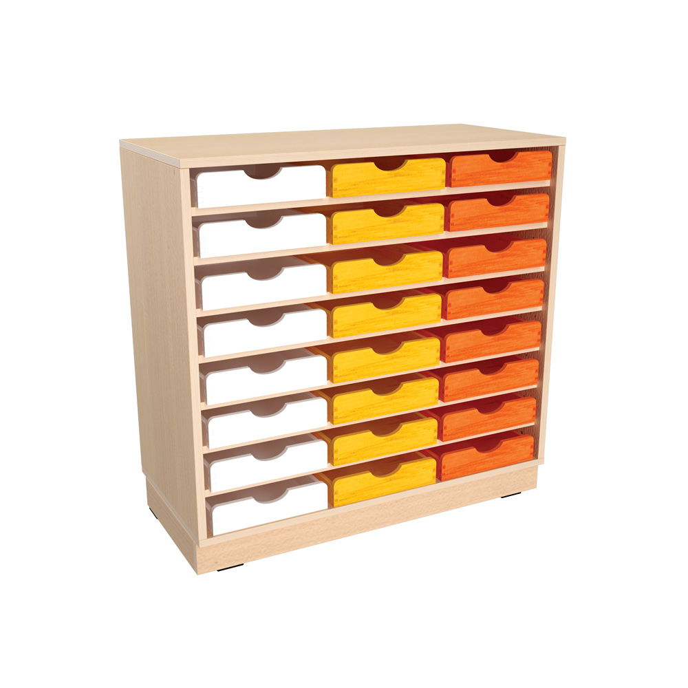 Flexi Schrank M, auf Sockel + 24 Holzbehälter flach, orange-gelb-weiß (Flexi 138)