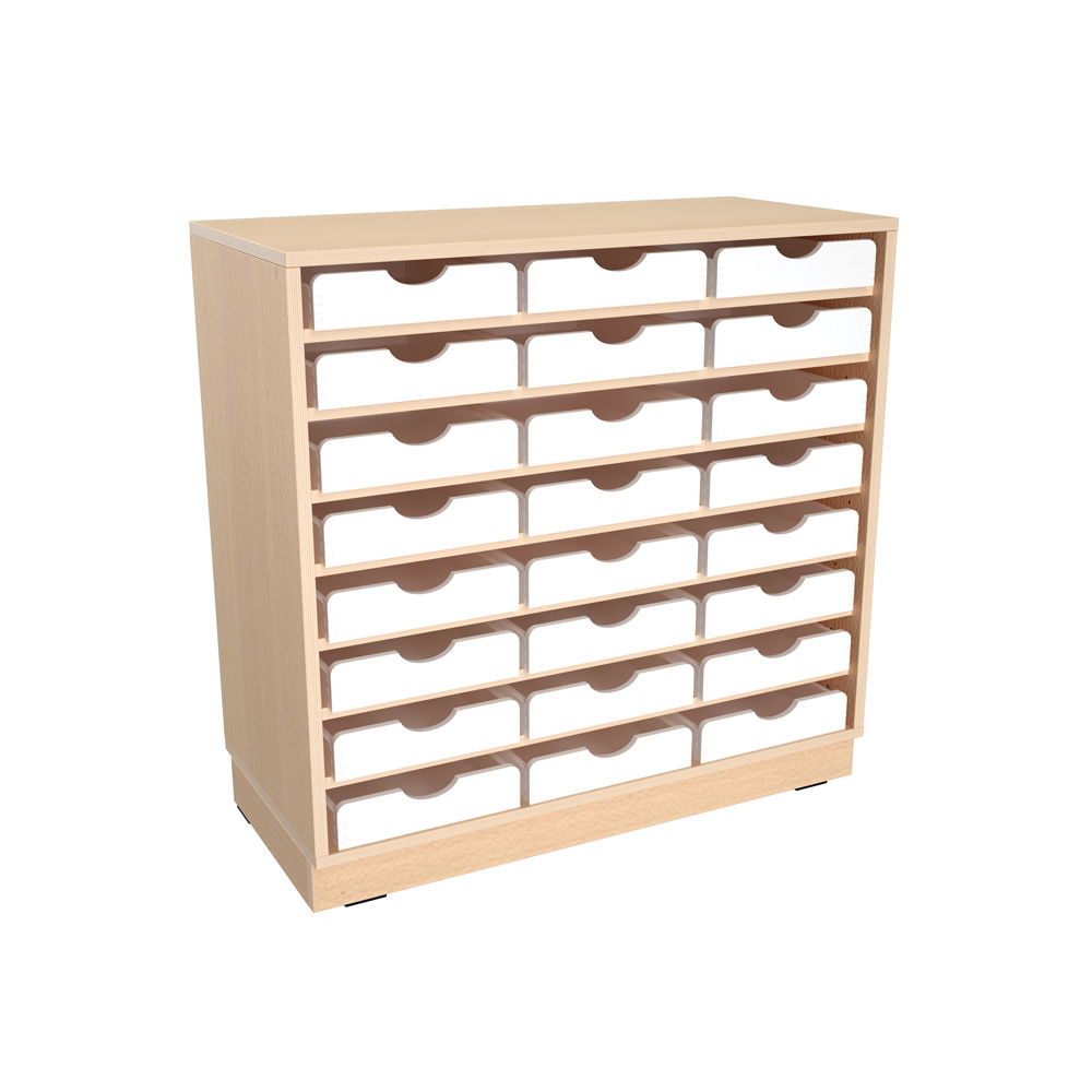 Flexi Schrank M, auf Sockel + 24 Holzbehälter flach, weiß (Flexi 139)