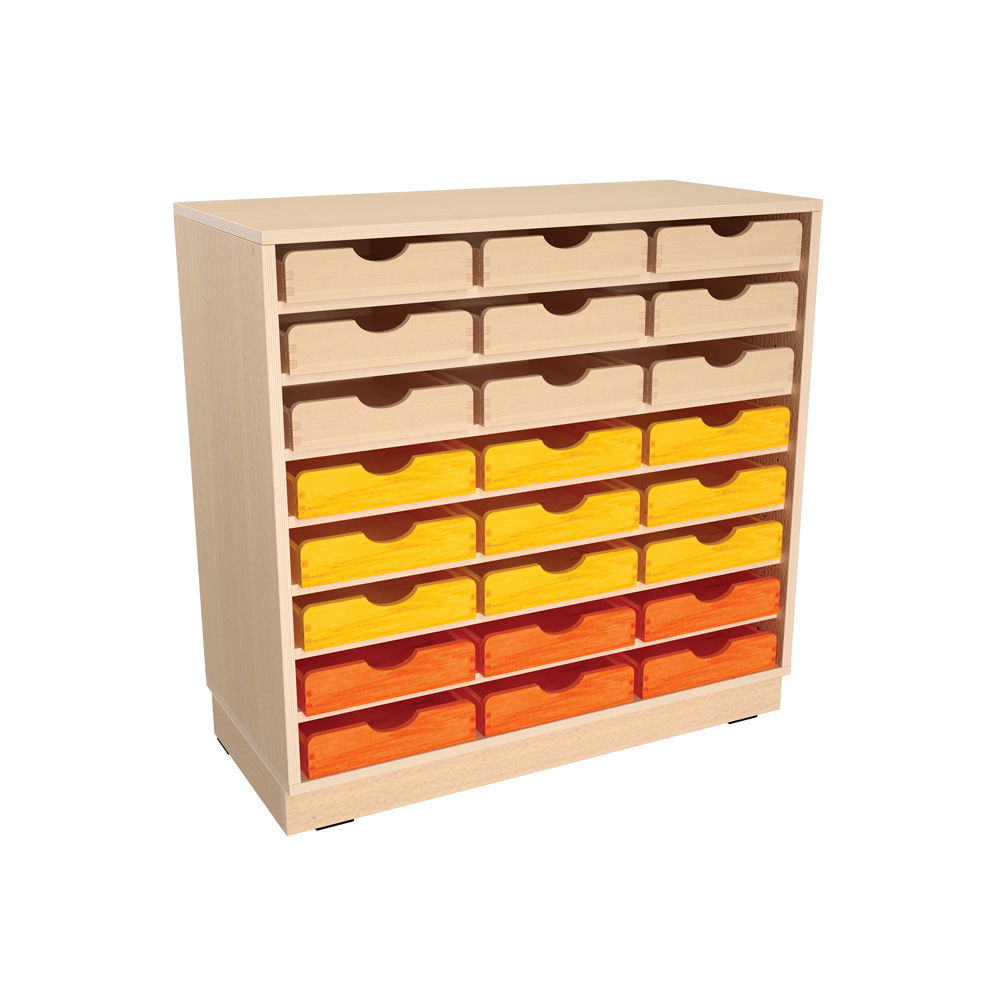 Flexi Schrank M, auf Sockel + 24 Holzbehälter flach, Buche-gelb-orange (Flexi 140)