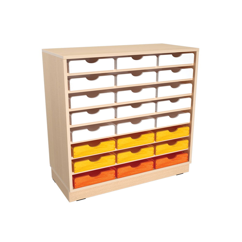 Flexi Schrank M, auf Sockel + 24 Holzbehälter flach, weiß-gelb-orange (Flexi 141)