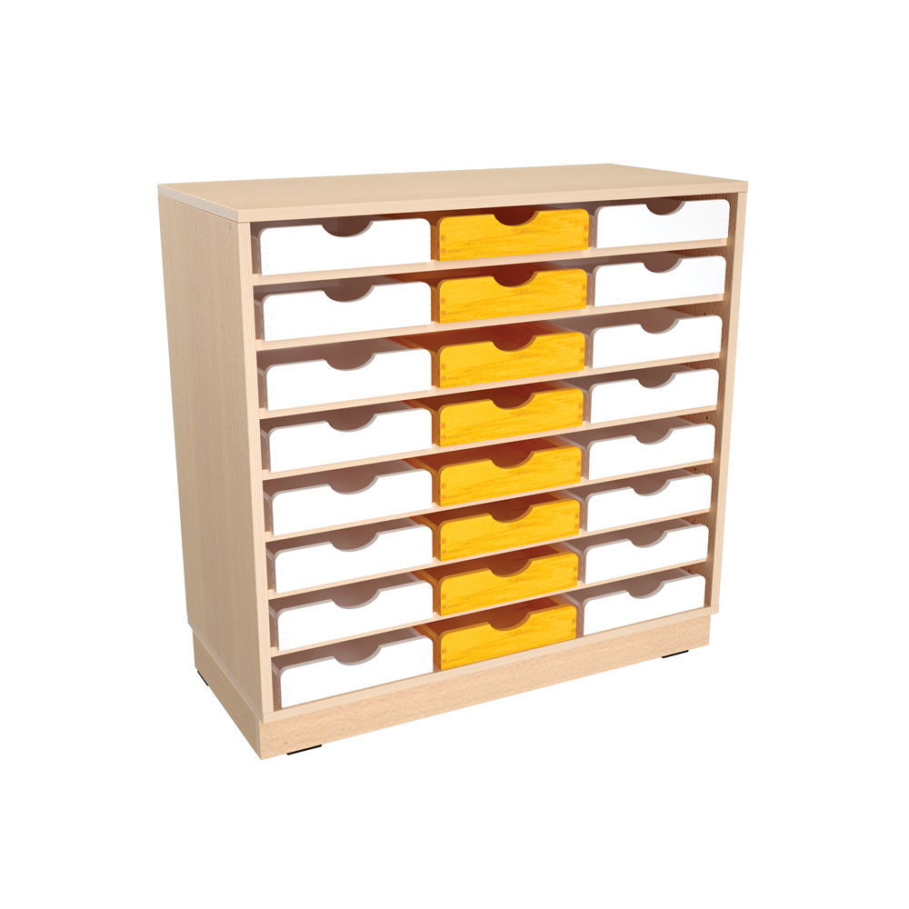 Flexi Schrank M, auf Sockel + 24 Holzbehälter flach, weiß-gelb (Flexi 142)